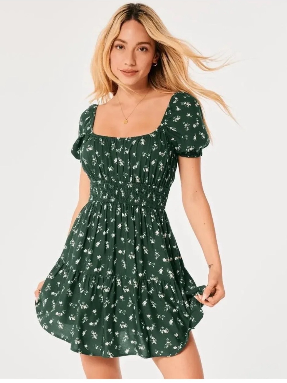 Hollister Saidie Skort Dress  Dark Green Floral Smocked Waist Mini Romper